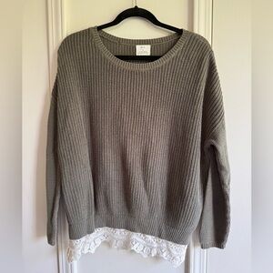 Pins & Needles Olive Green Ribbed Crew Neck Sweater with Lace Trim